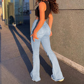 High Waist Retro Stretch Slim Knee Ripped Bell-Bottom Pants Jeans Trousers